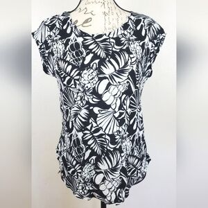 Nicole Miller New York Top M Black White Linen Floral Tropical Print Blouse